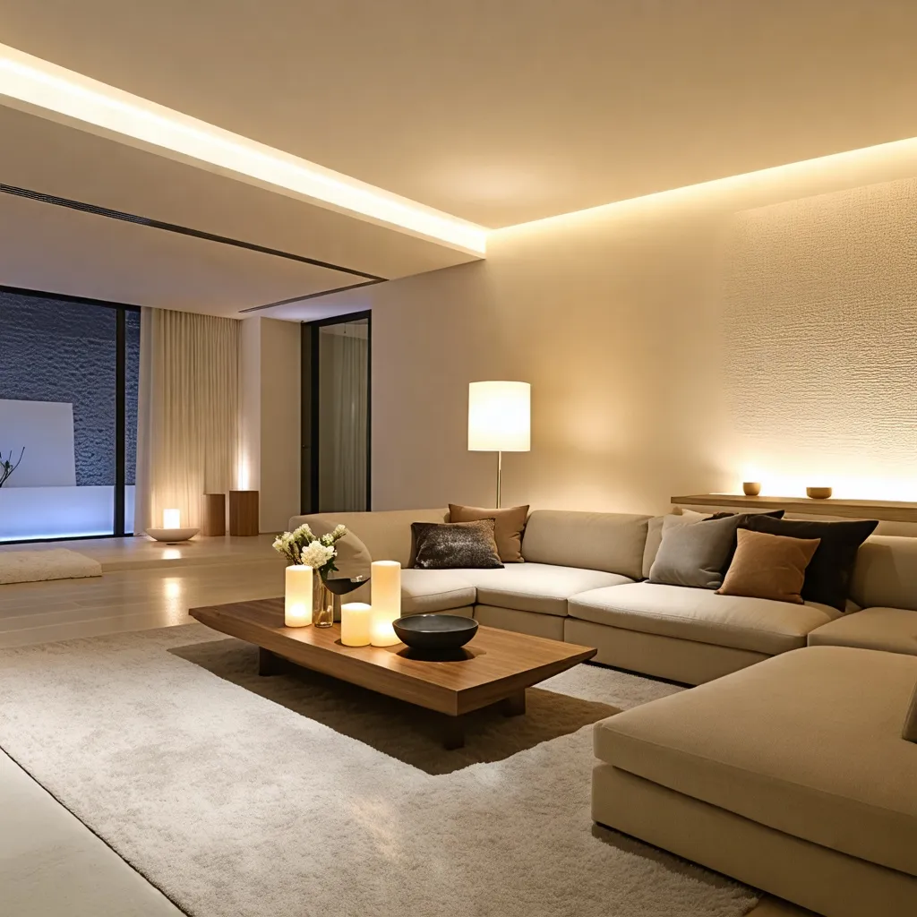 Elegante y cálido interior de lujo con iluminación tenue.