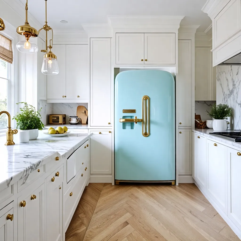 Elegante cocina con detalles dorados y refrigerador vintage.