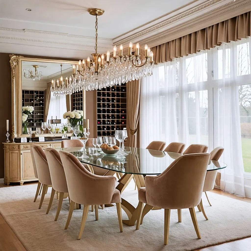 Elegante comedor con hermoso candelabro de cristal y muebles de lujo.