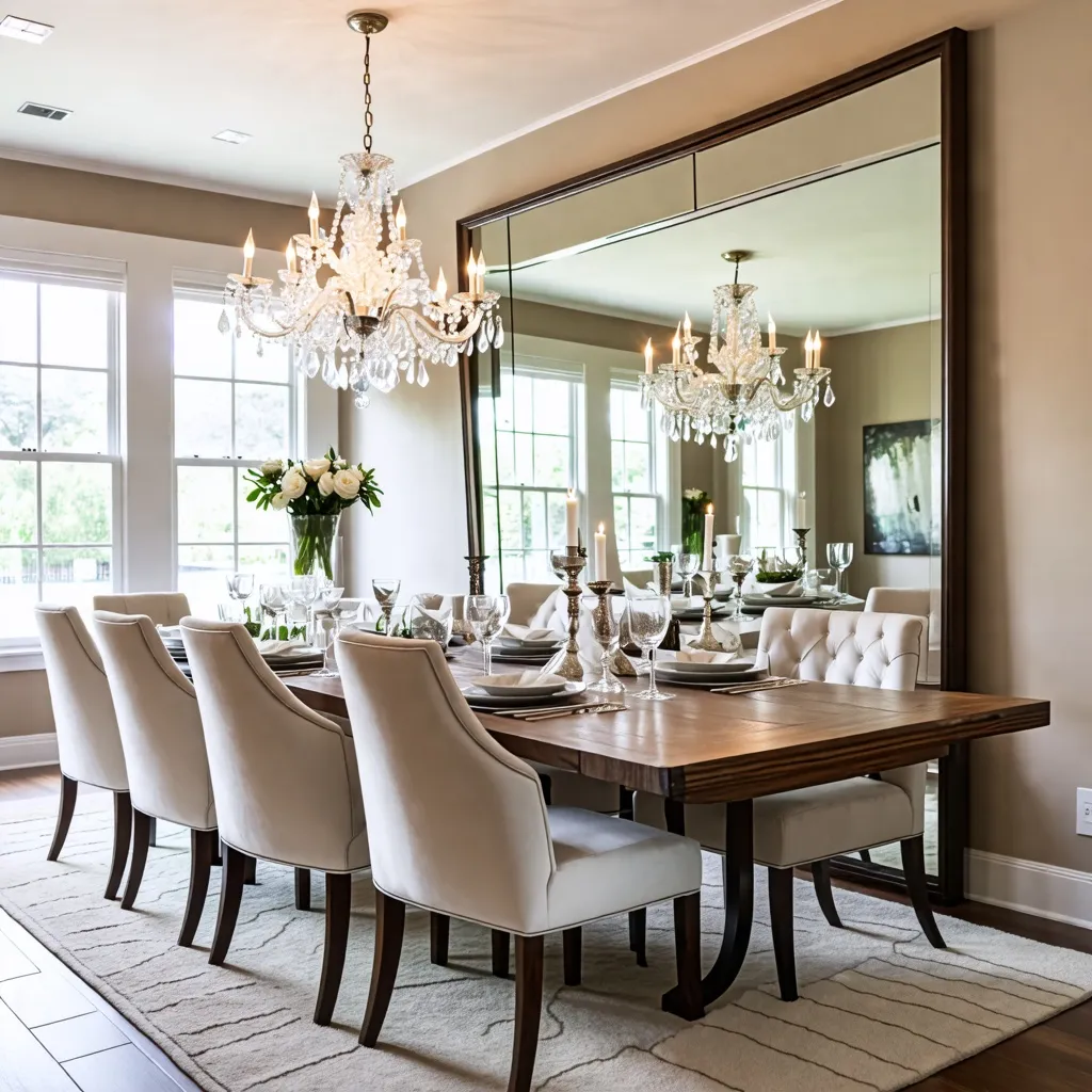 Elegante comedor con candelabros de cristal y mesa de madera.