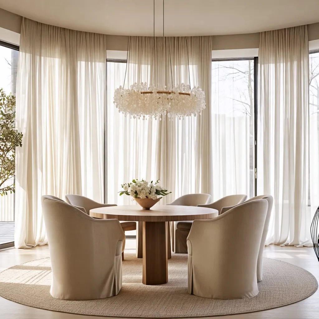Elegante comedor con detalles refinados y vista panorámica.
