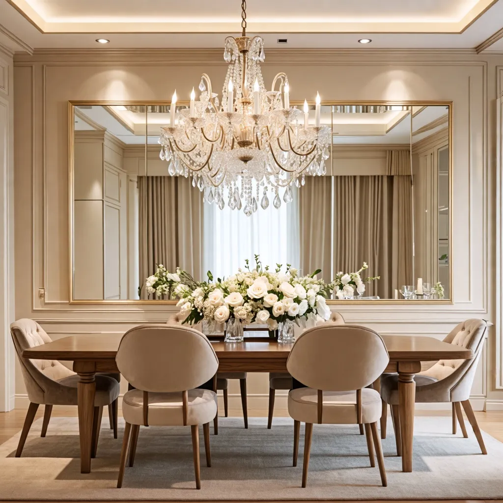 Elegante comedor con lujoso candelabro y hermosas flores.