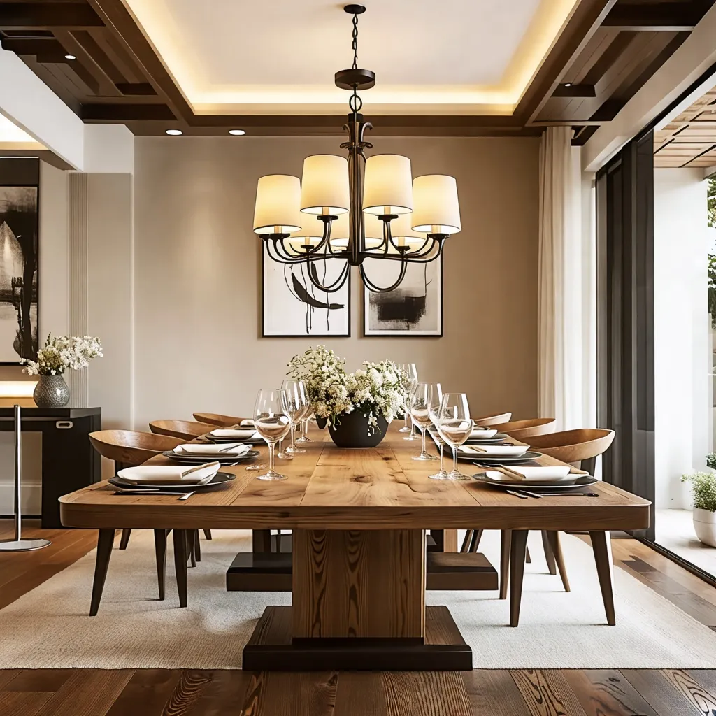 Elegante comedor con mesa de madera y lámpara de araña.