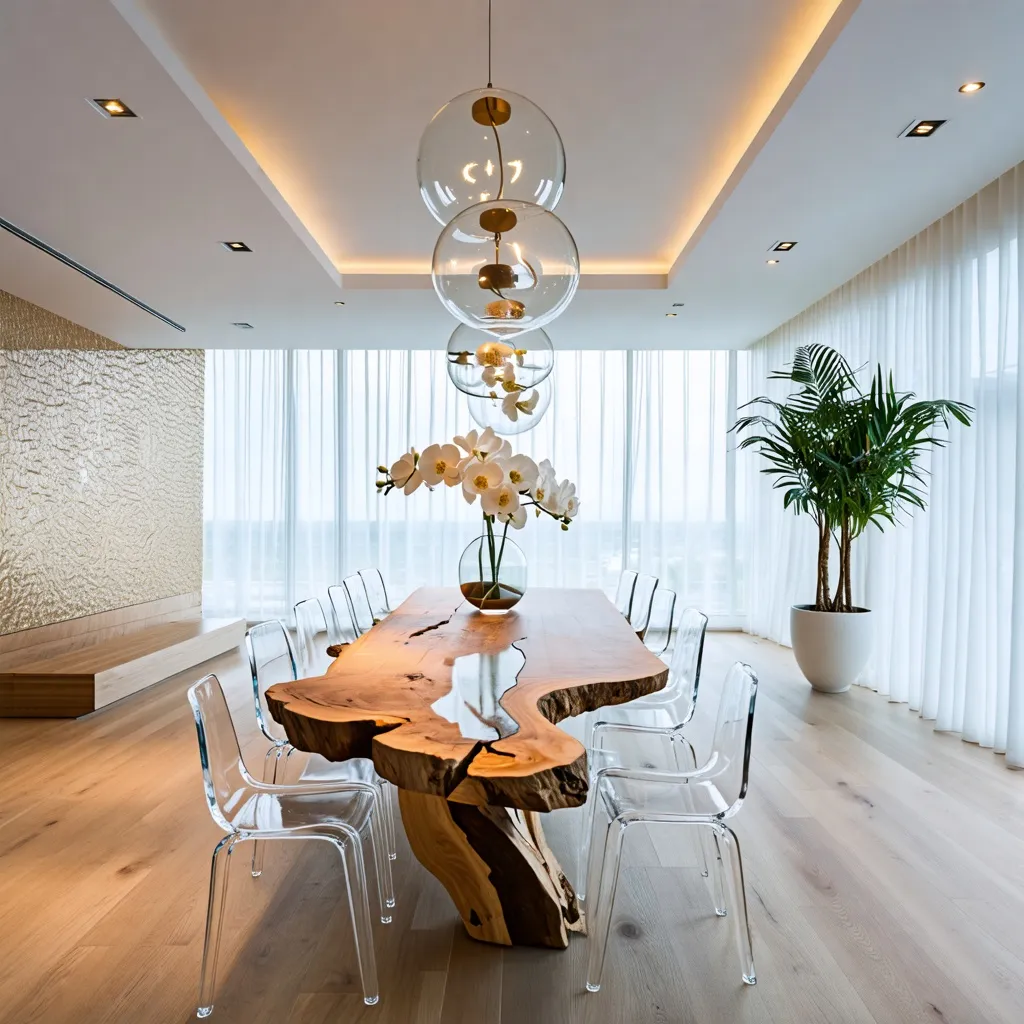 Elegante comedor con mesa de madera y sillas de diseño.
