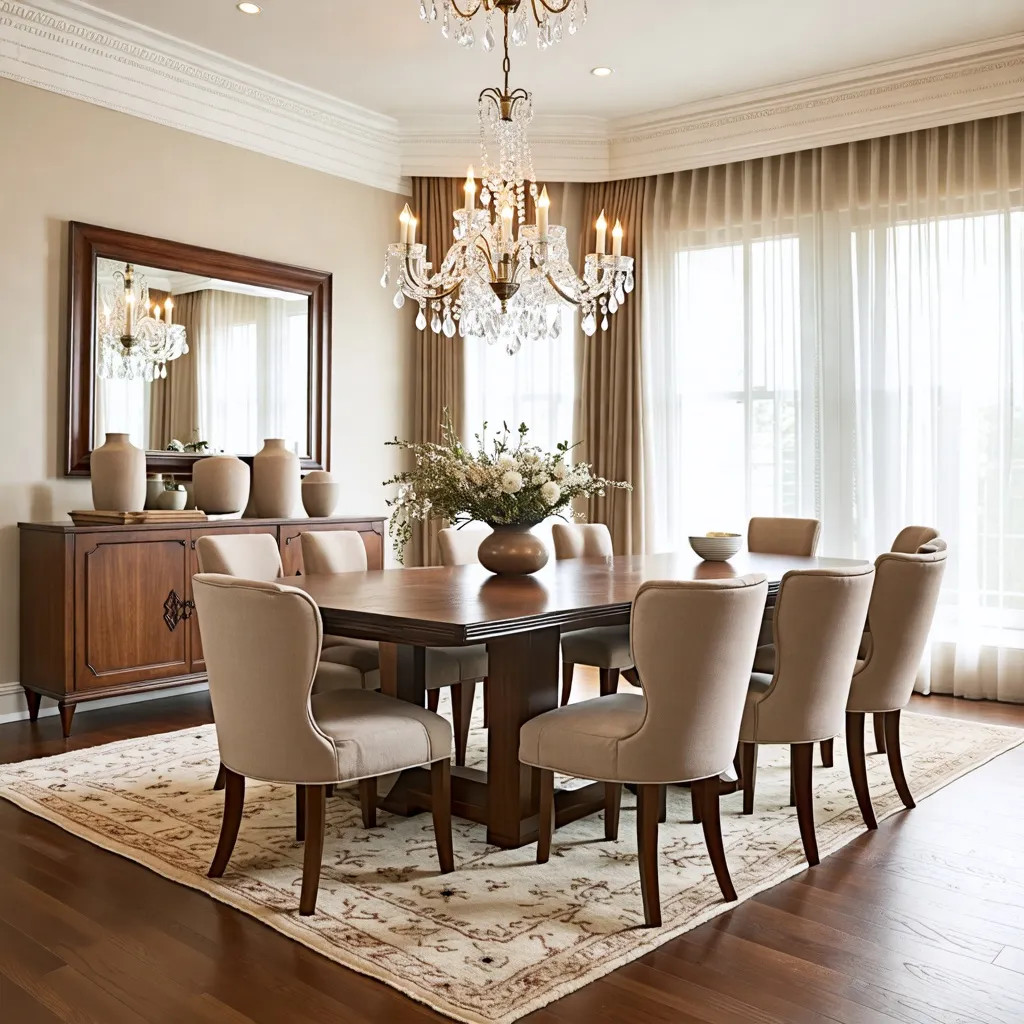 Elegante comedor con mesa de madera y sillas tapizadas.