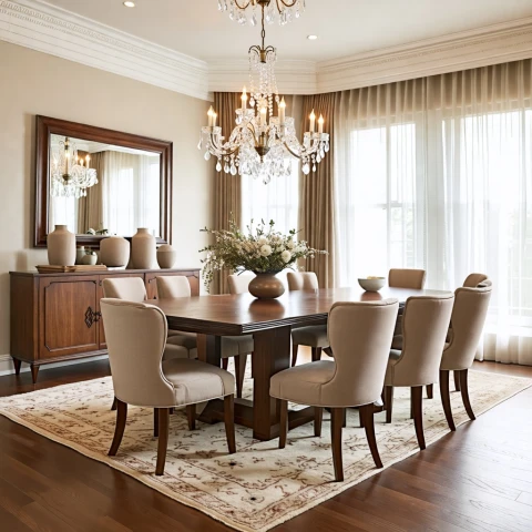 Elegante comedor con mesa de madera y sillas tapizadas.