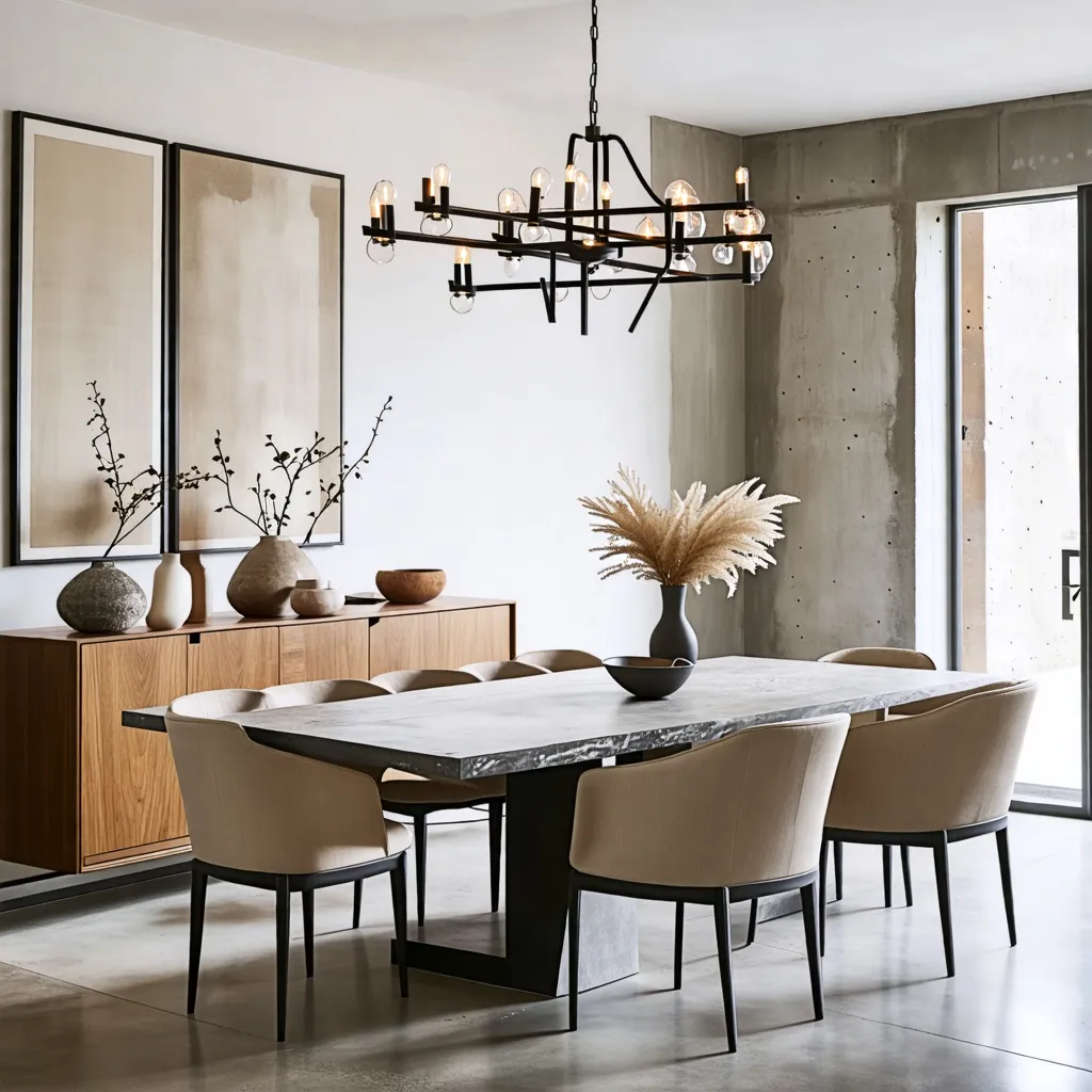 Elegante comedor con mesa de mármol y lámpara moderna.
