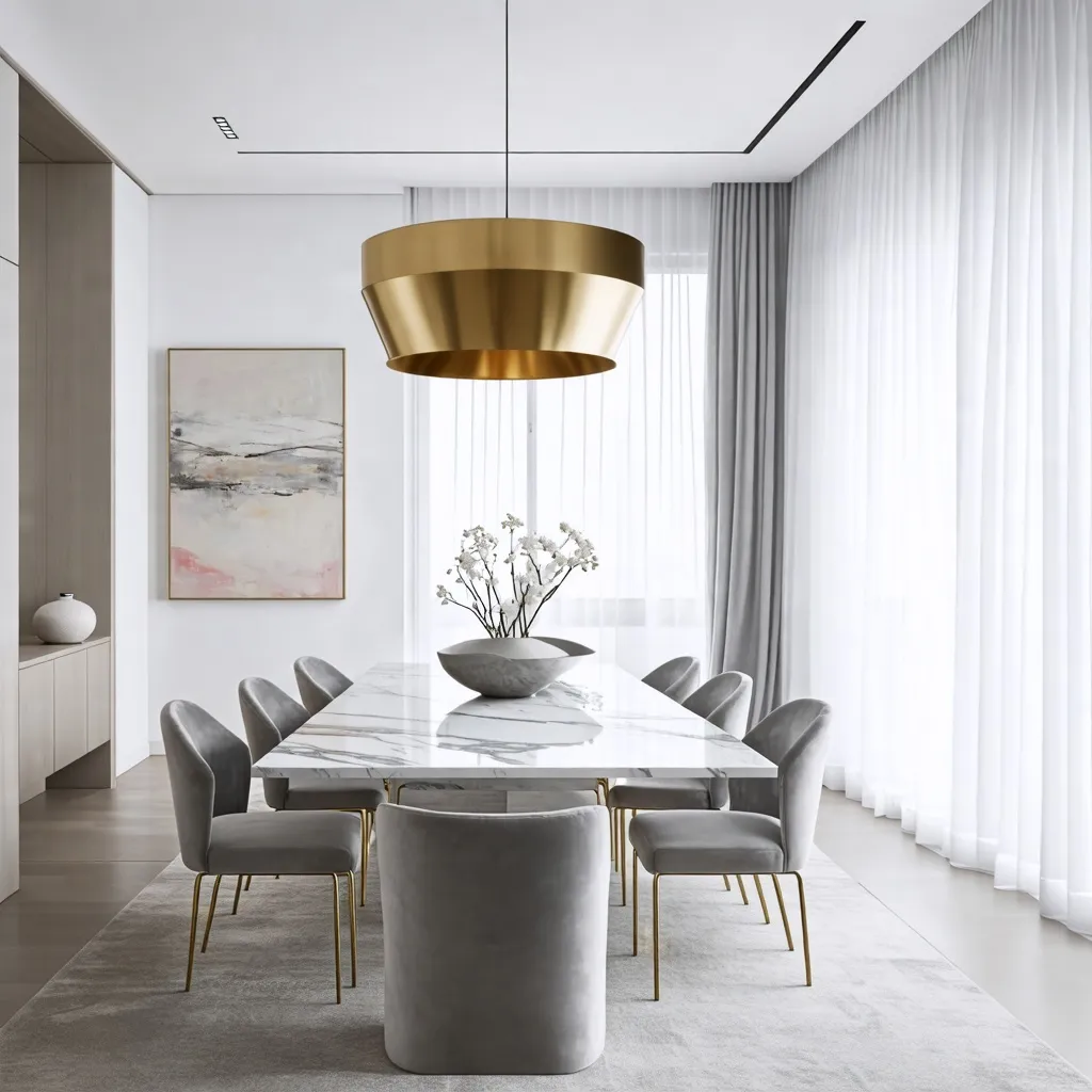 Elegante comedor con mesa de mármol y lámparas doradas.