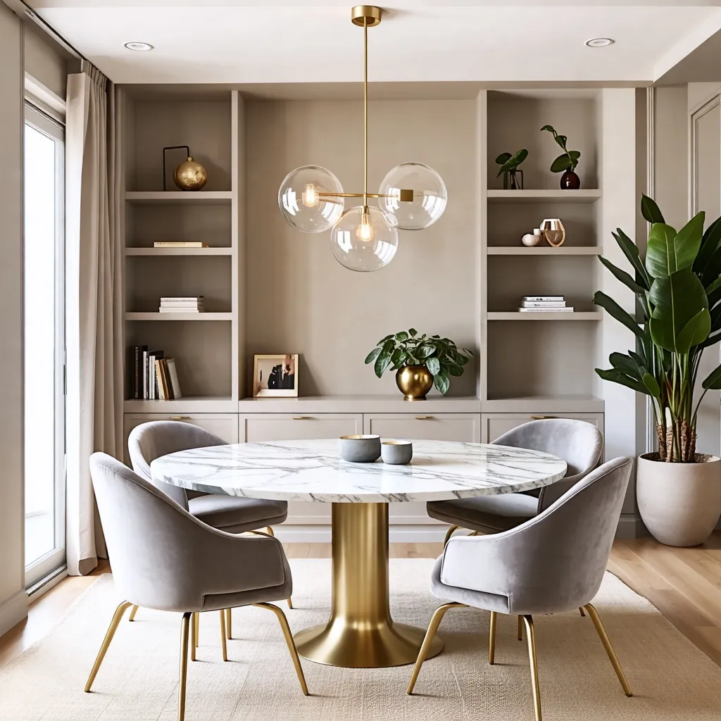 Elegante comedor con muebles de diseño y detalles dorados.