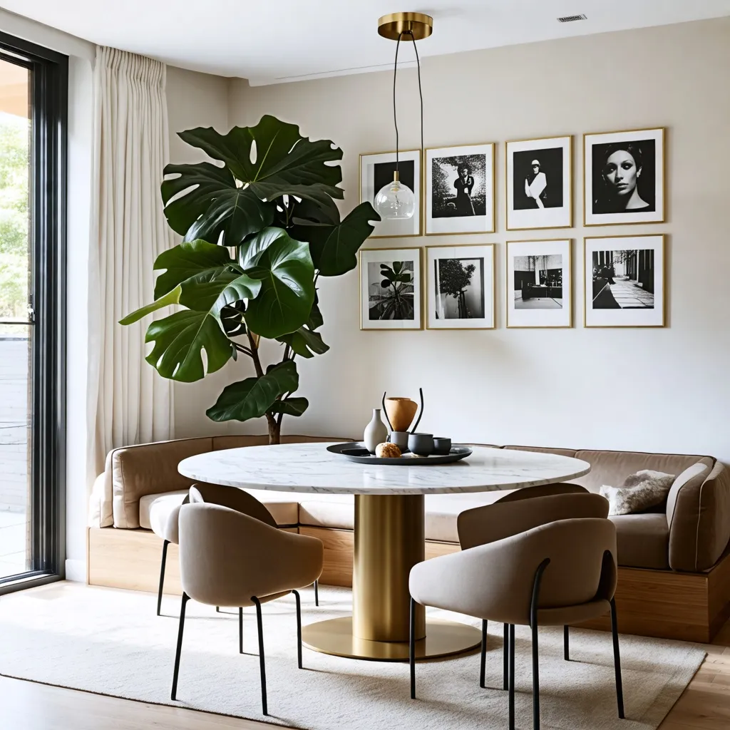 Elegante comedor con plantas y arte en blanco y negro.