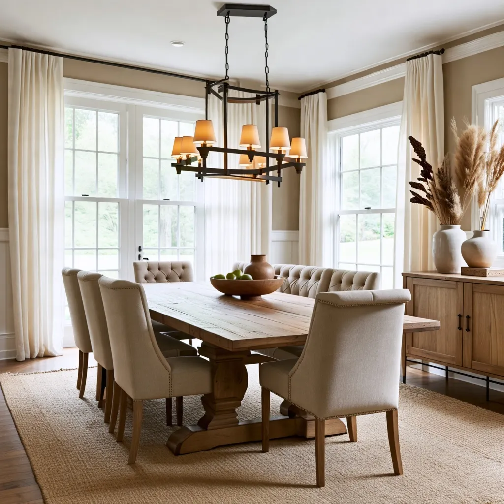 Elegante comedor con ventanas amplias y decoración rústica.