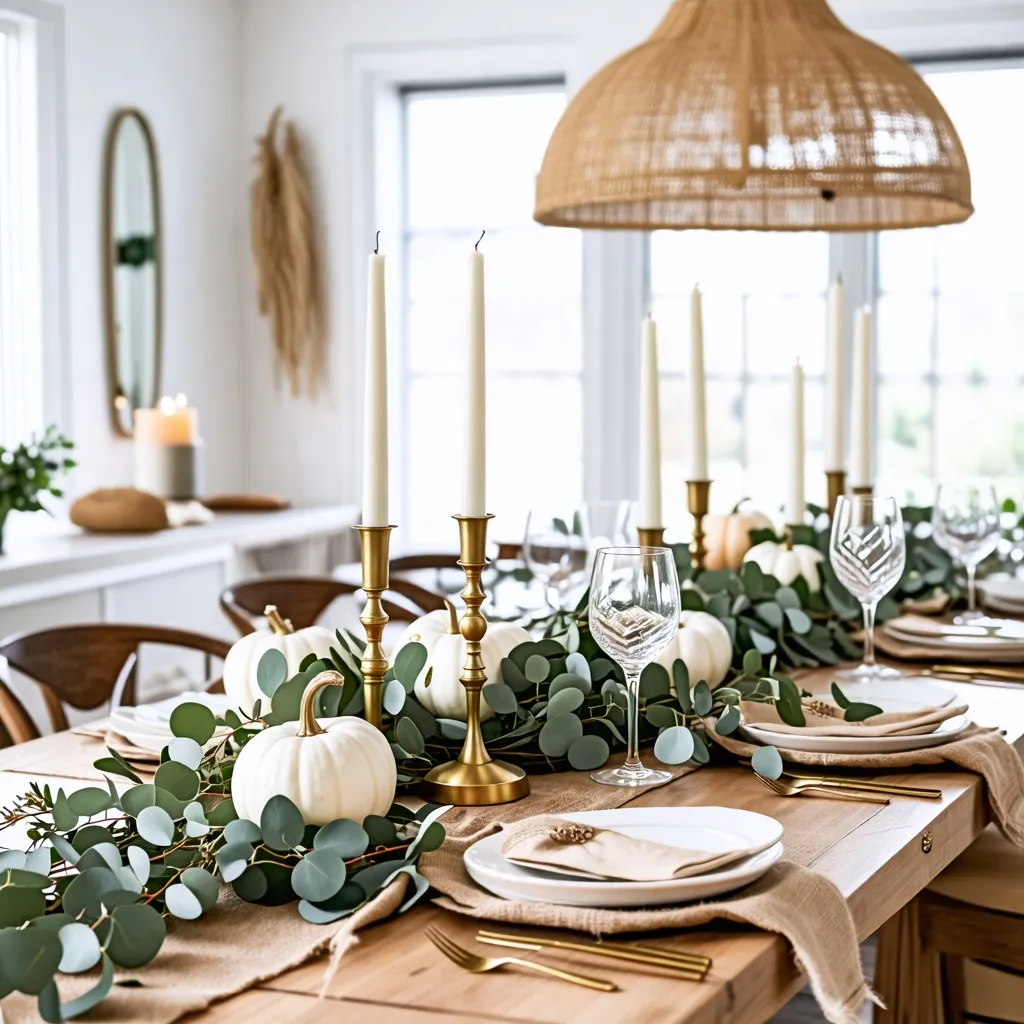 Elegante decoración de mesa de otoño con detalles dorados y naturales.