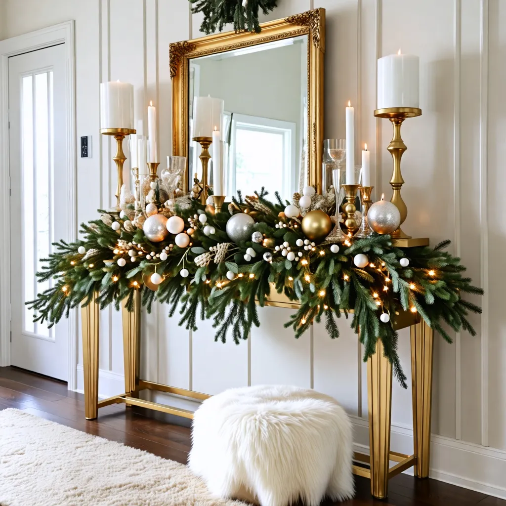 Elegante decoración navideña con espejo dorado y elementos naturales.