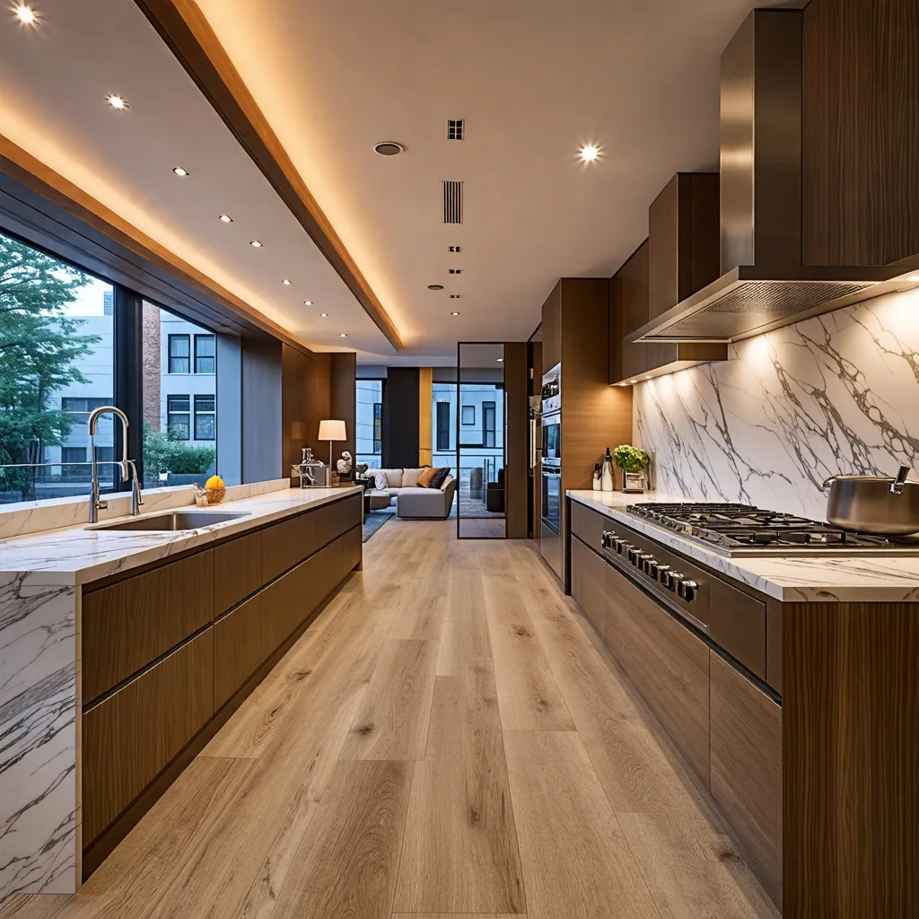 Elegante diseño de cocina con detalles de madera y mármol.