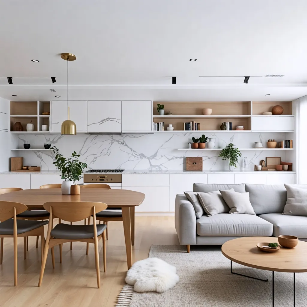 Elegante diseño de interiores con detalles de madera y mármol.