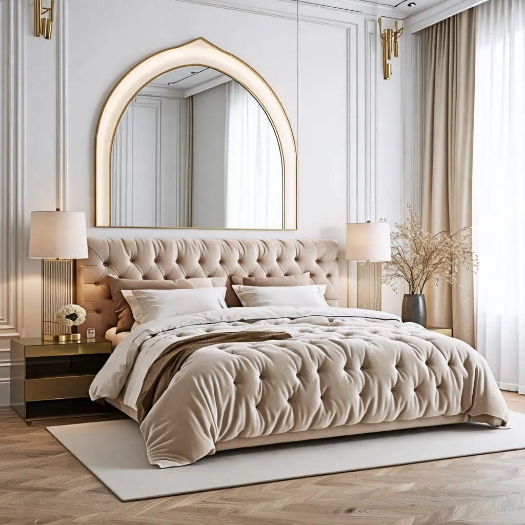 Elegante dormitorio con espejo dorado y detalles lujosos.