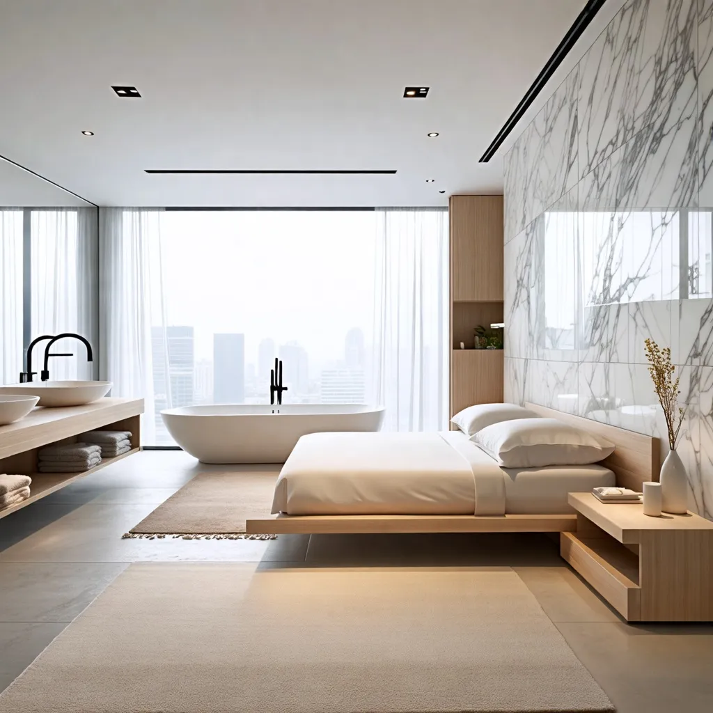Elegante dormitorio con vista panorámica, diseño minimalista y materiales de lujo.