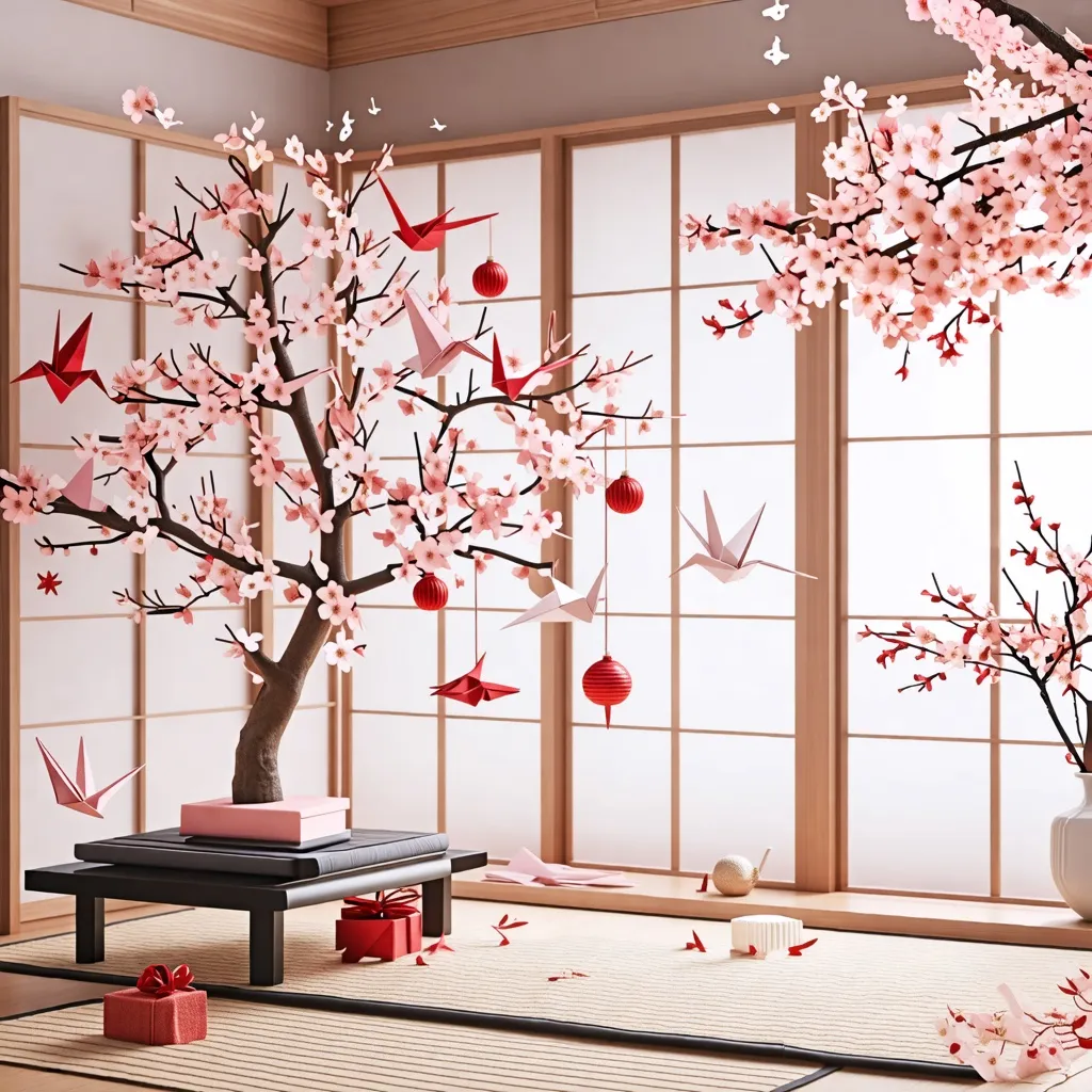 Elegante escena japonesa con flores de cerezo y origami en un interior tradicional.
