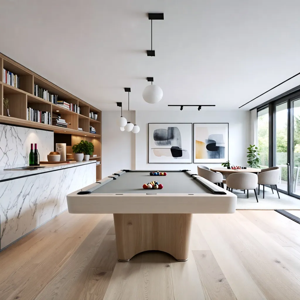 Elegante espacio de entretenimiento con mesa de billar y decoración moderna.