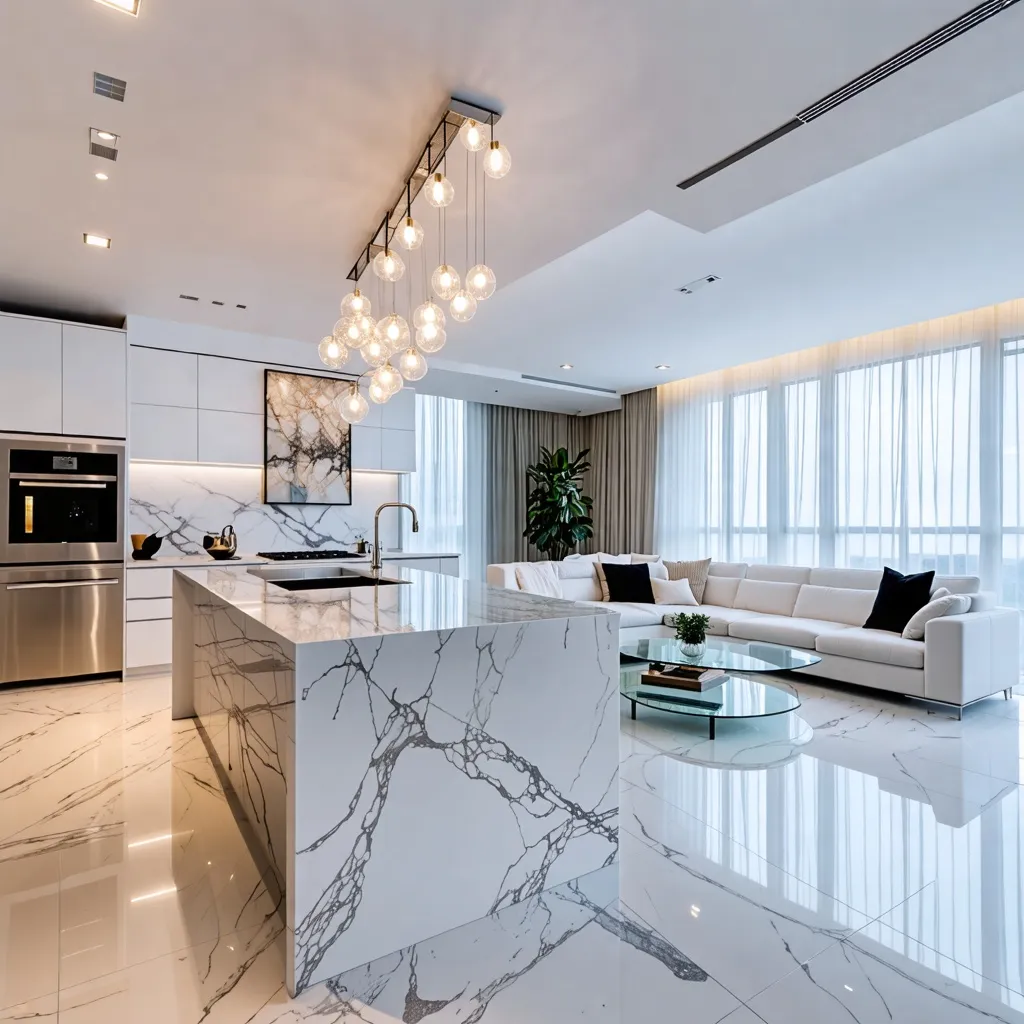 Elegante espacio moderno con cocina de mármol y lámparas colgantes.