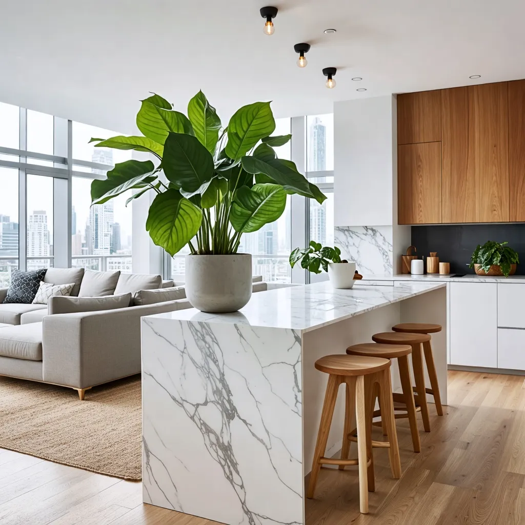 Elegante espacio con plantas y muebles de diseño moderno.