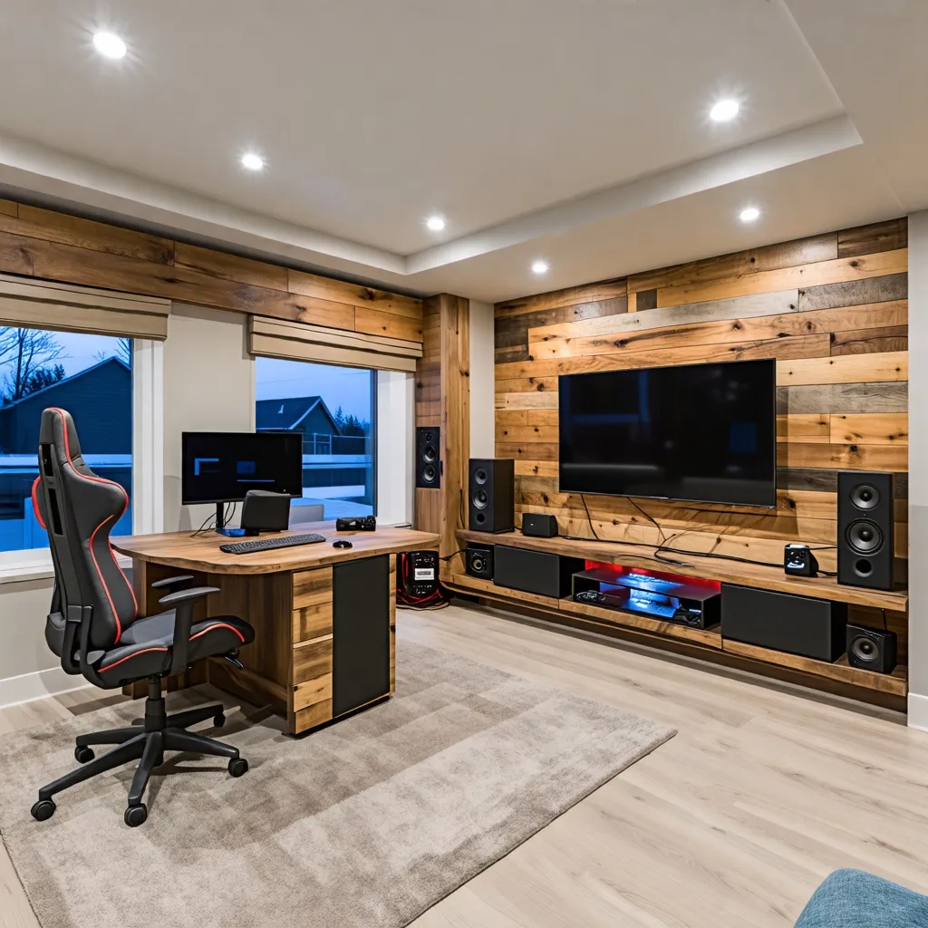 Elegante espacio de trabajo con diseño rústico y tecnología de vanguardia.