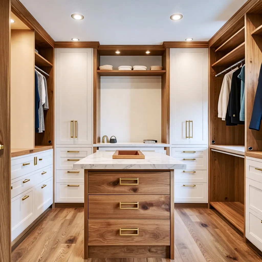 Elegante y espacioso vestidor de madera y mármol.
