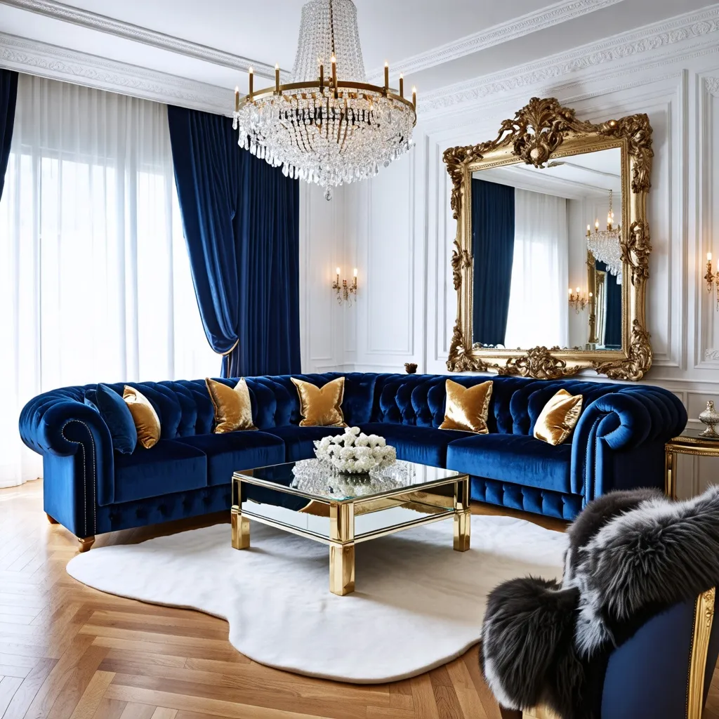 Elegante interior con sofá azul y espejo dorado.