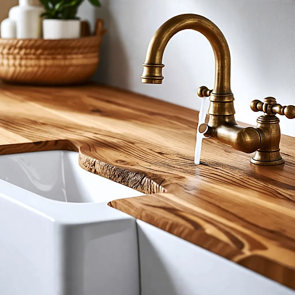 Elegante lavamanos de madera y grifo de bronce en baño moderno.