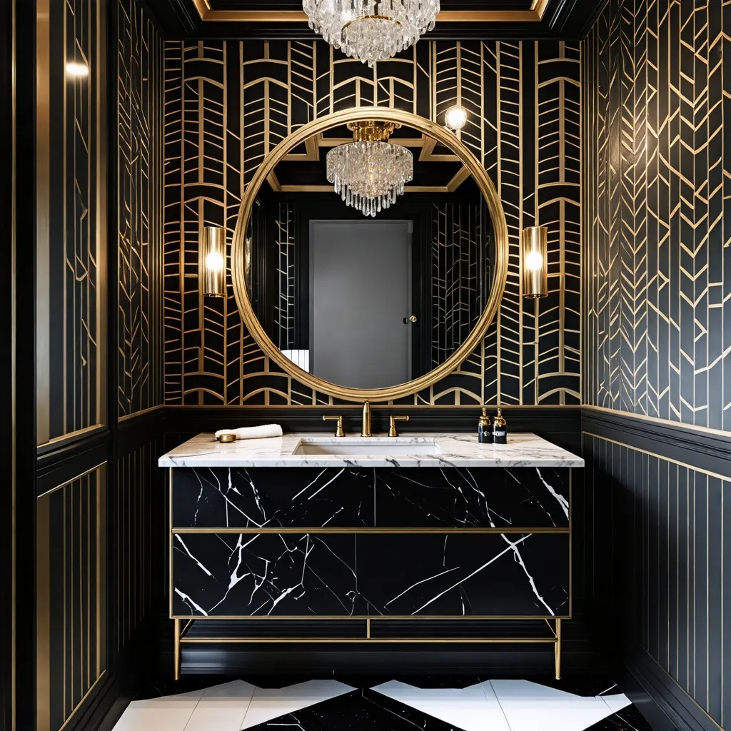Elegante y lujoso baño en tonos negros y dorados.