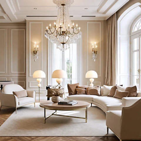 Elegante y lujoso interior de una sala de estar con candelabro de cristal.