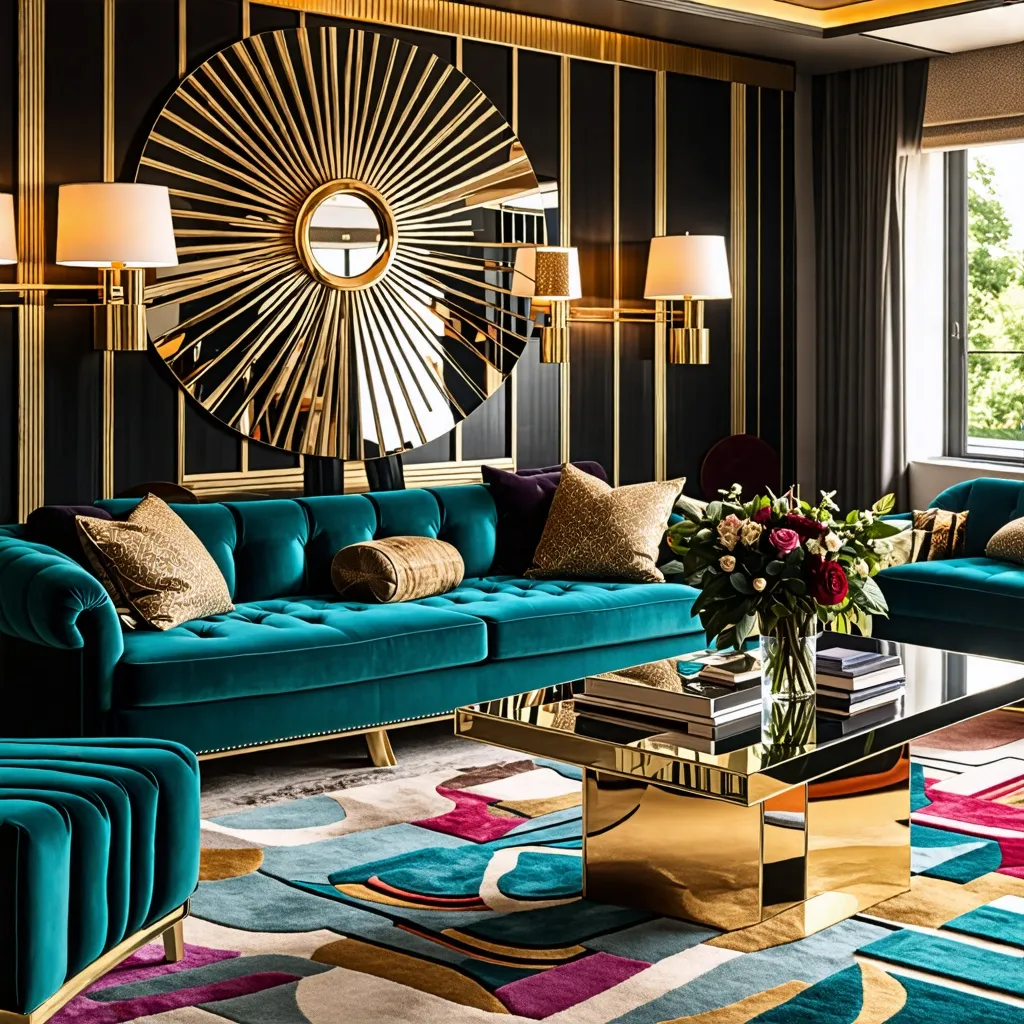 Elegante y lujoso interior con sofá de terciopelo verde y decoración dorada.