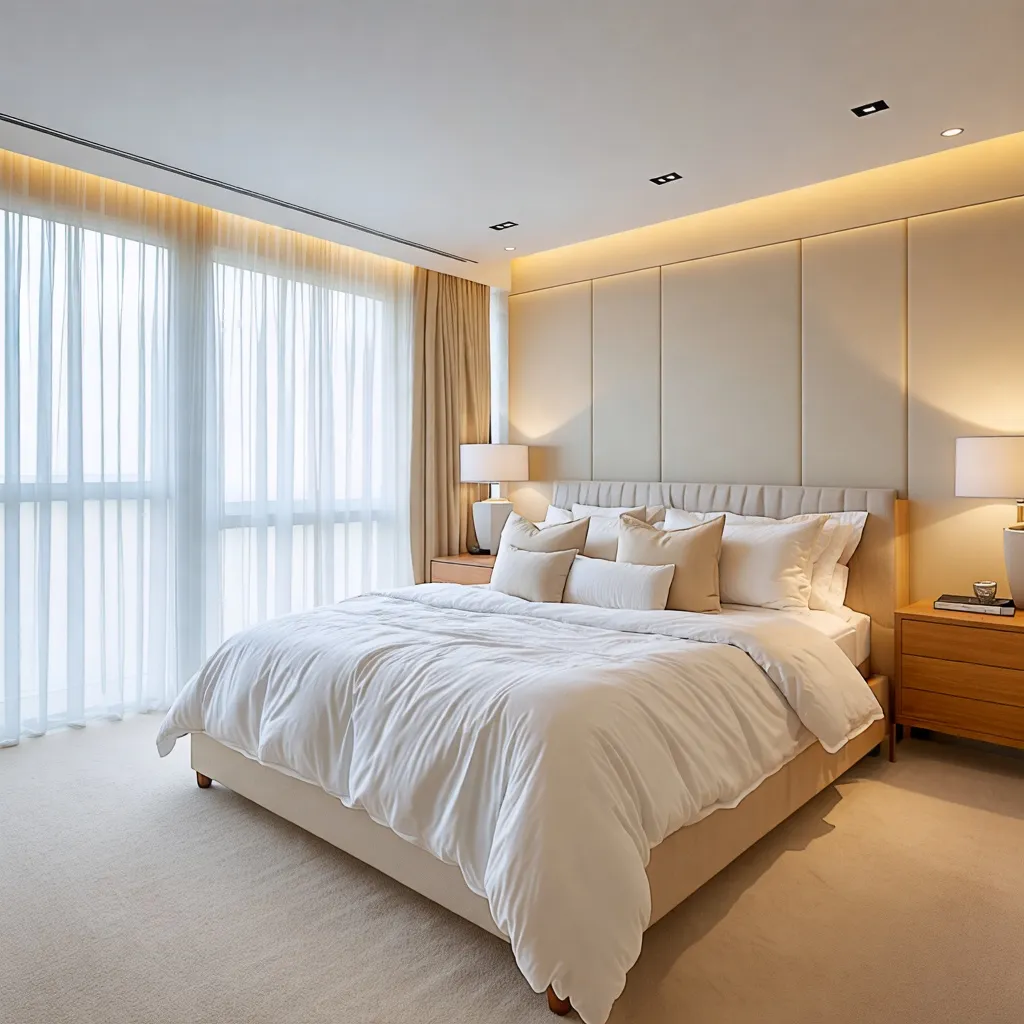 Elegante y luminoso dormitorio de hotel con vistas panorámicas.