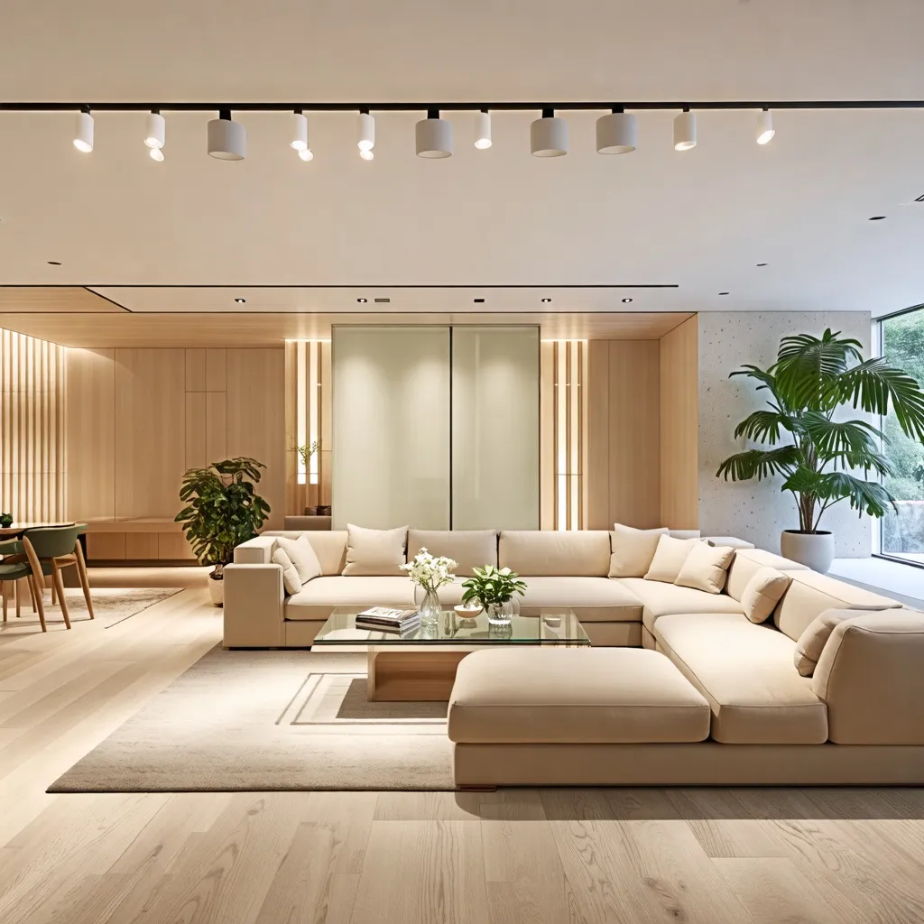 Elegante y luminoso espacio interior con sofá y plantas.