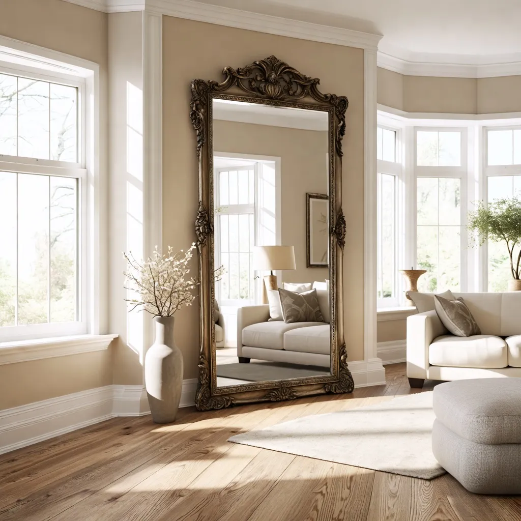 Elegante y luminoso interior con espejo ornamentado.