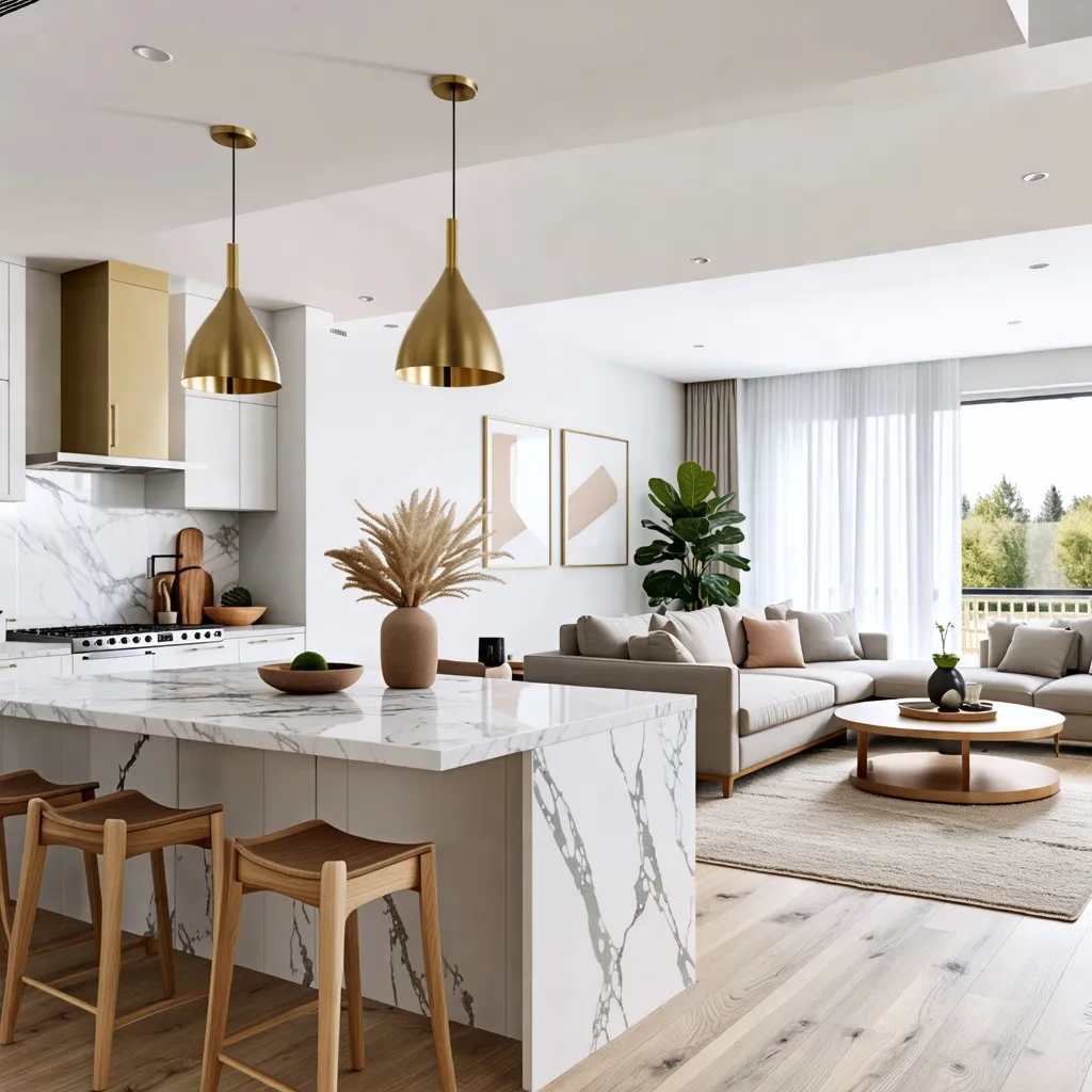 Elegante y luminoso interior moderno con detalles de mármol y madera.