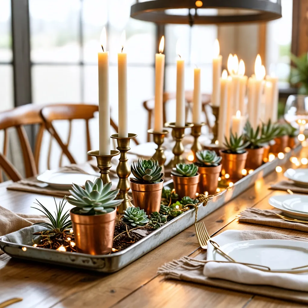 Elegante mesa de comedor con velas y suculentas en tonos cálidos.