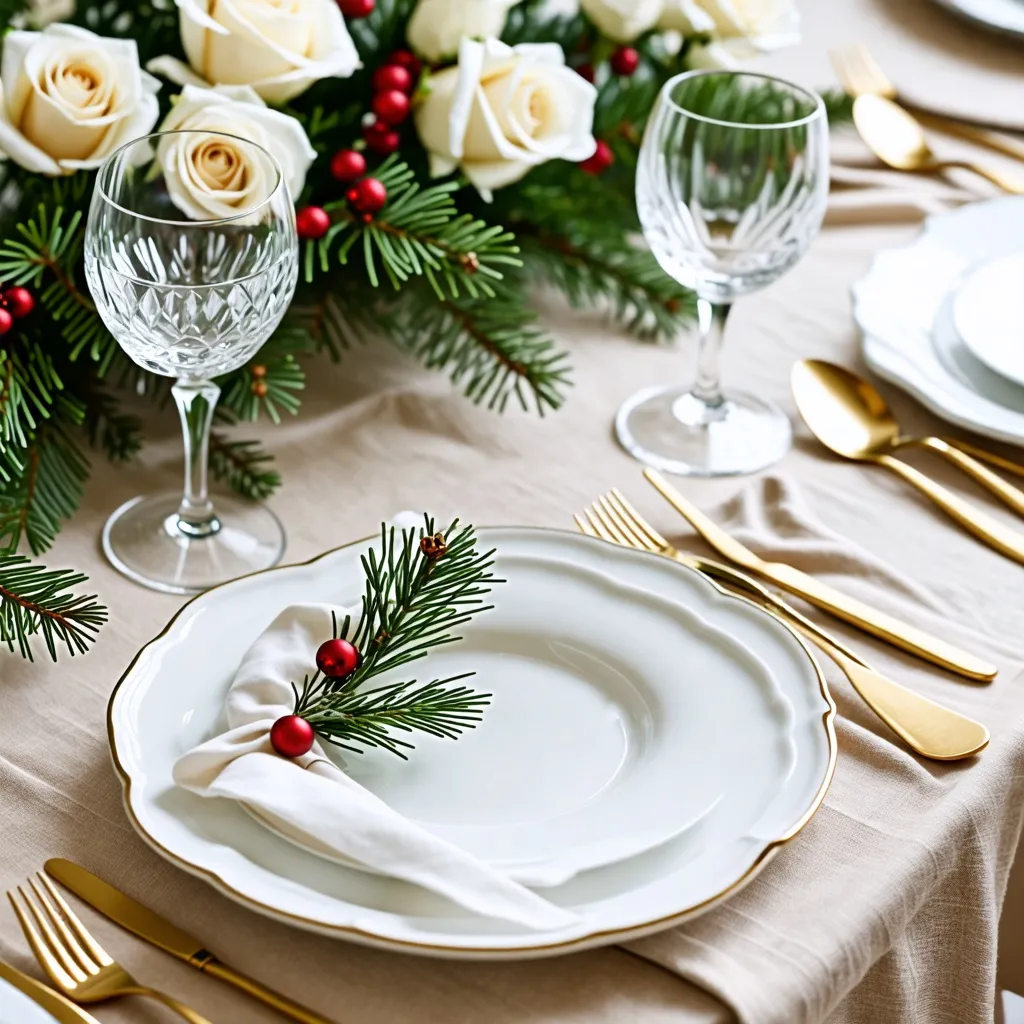 Elegante mesa navideña con decoración floral y cristalería.