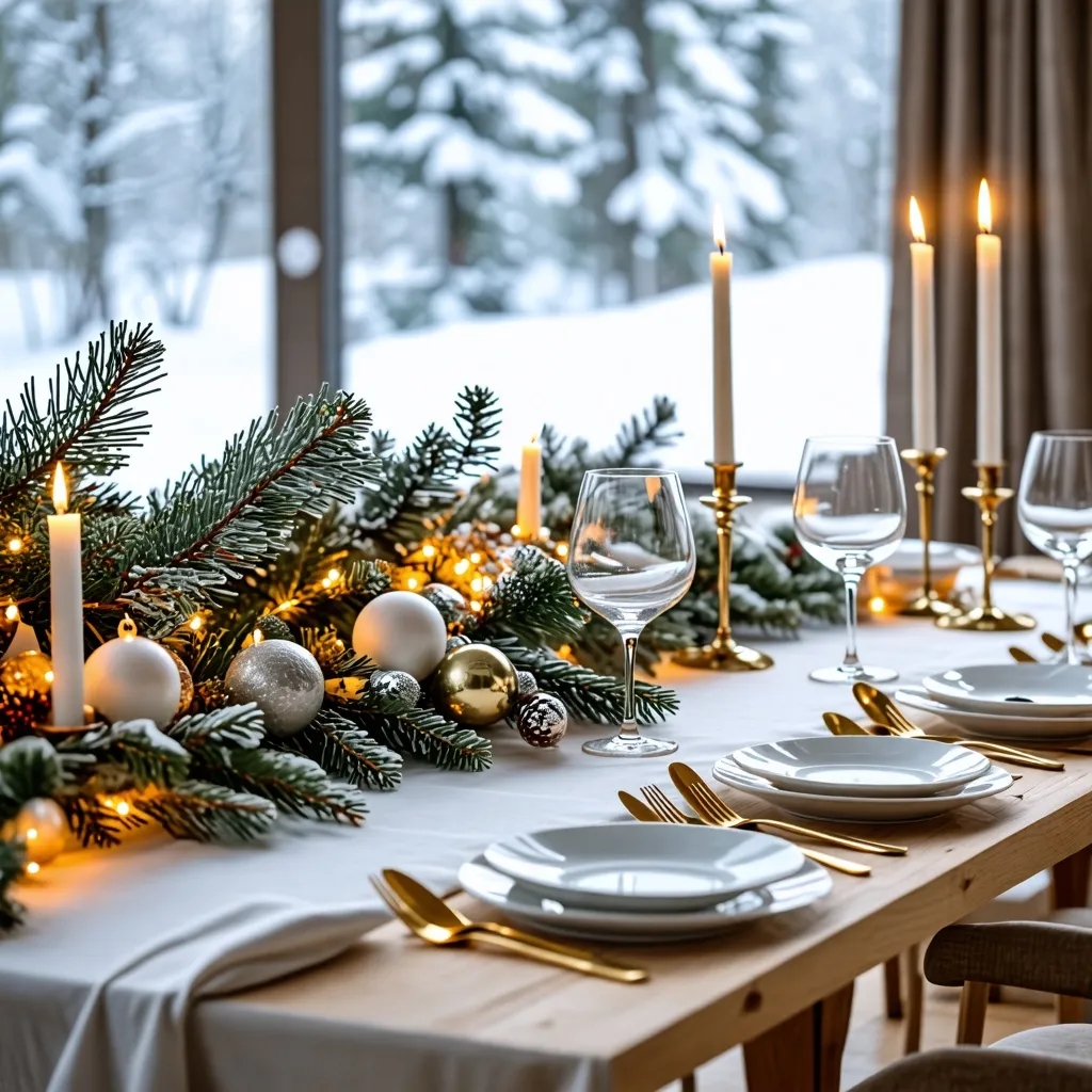 Elegante mesa navideña con vistas nevadas, decoración dorada y velas.