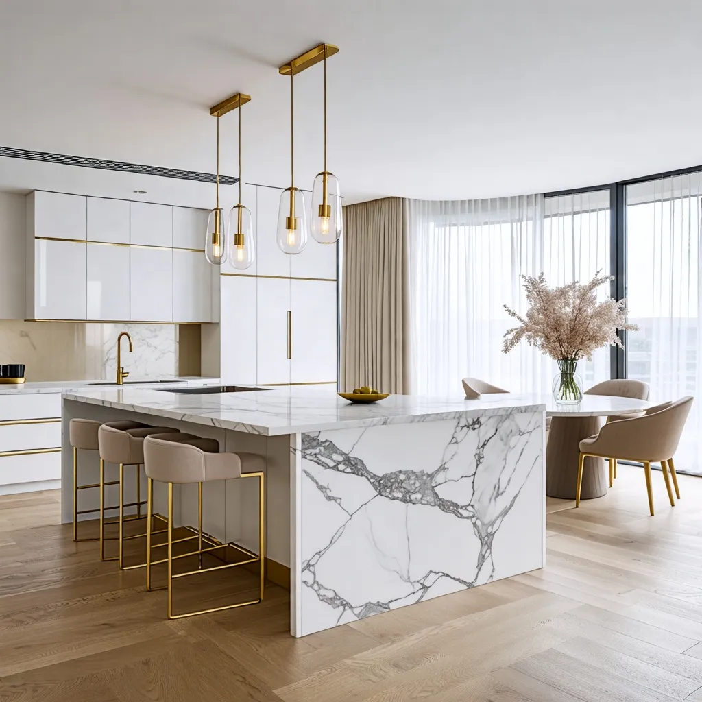 Elegante y moderno diseño de cocina con detalles dorados.