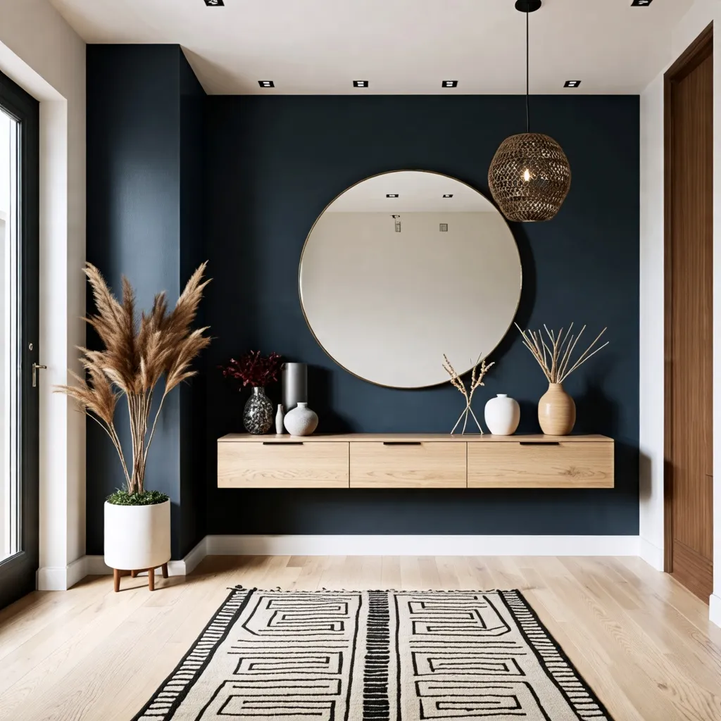 Elegante y moderno espacio interior con detalles naturales y decorativos.