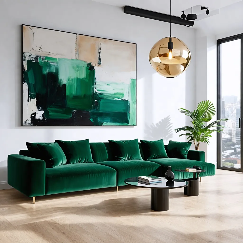 Elegante y moderno interior con sofá verde y arte abstracto.