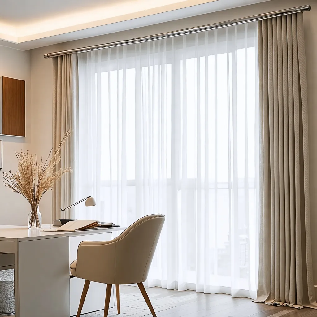 Elegante oficina con cortinas y decoración minimalista.