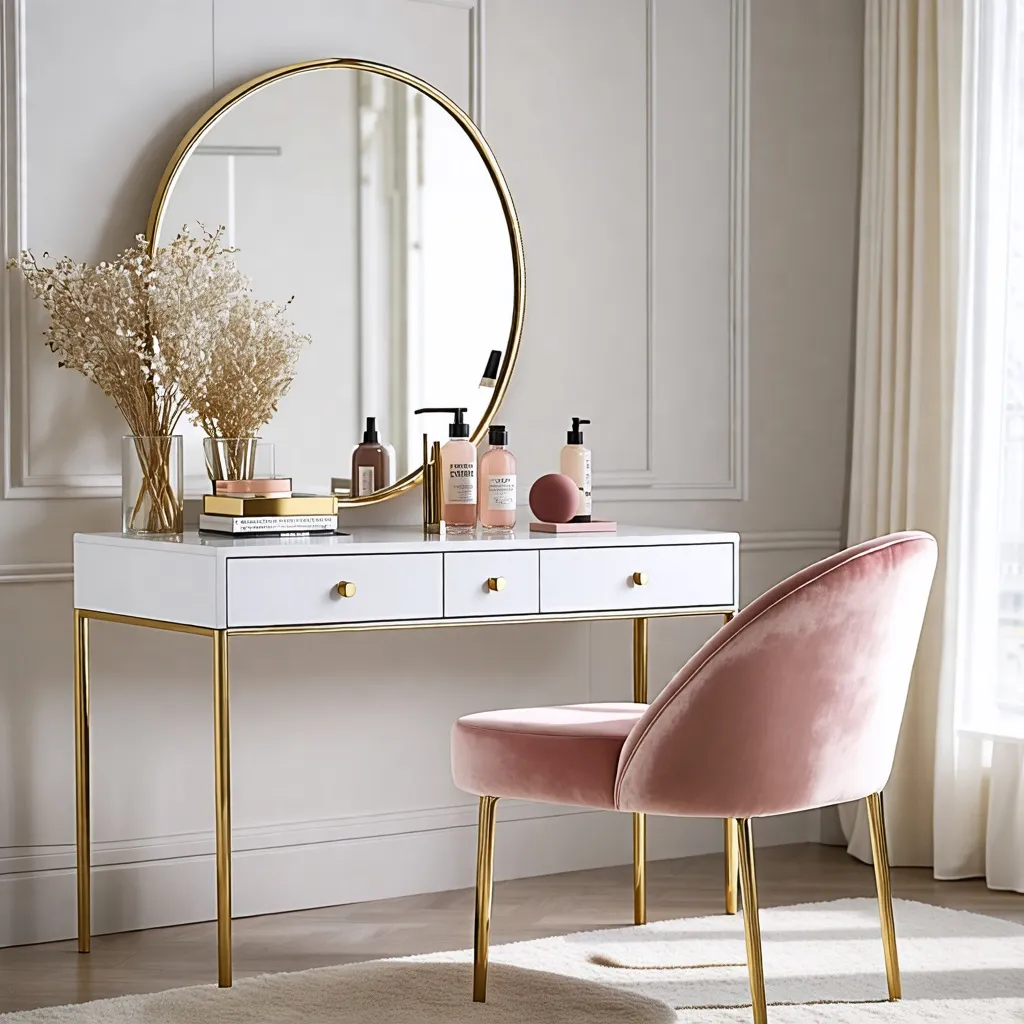 Elegante rincón de belleza con espejo dorado y mueble blanco.