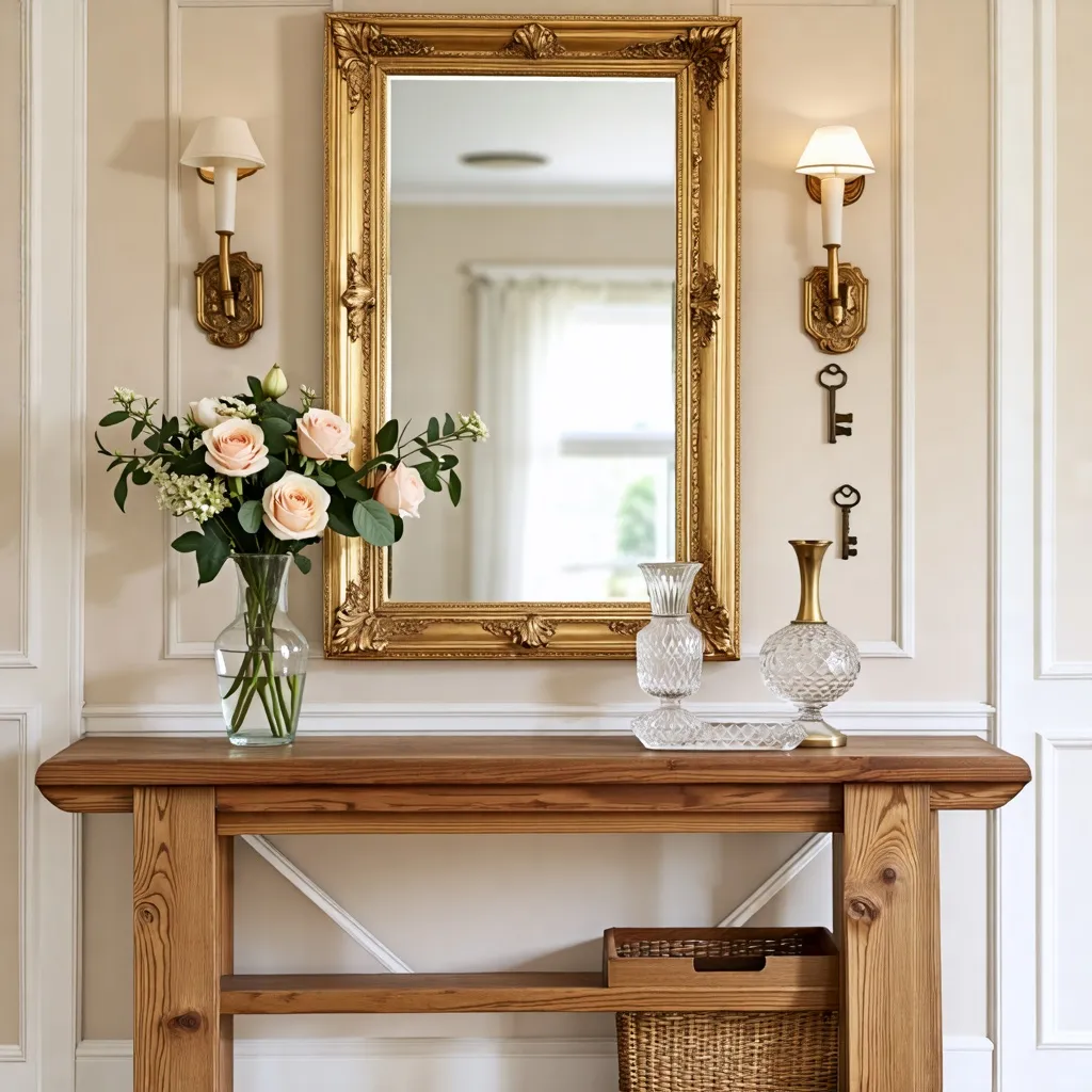 Elegante rincón con espejo dorado y decoración floral.