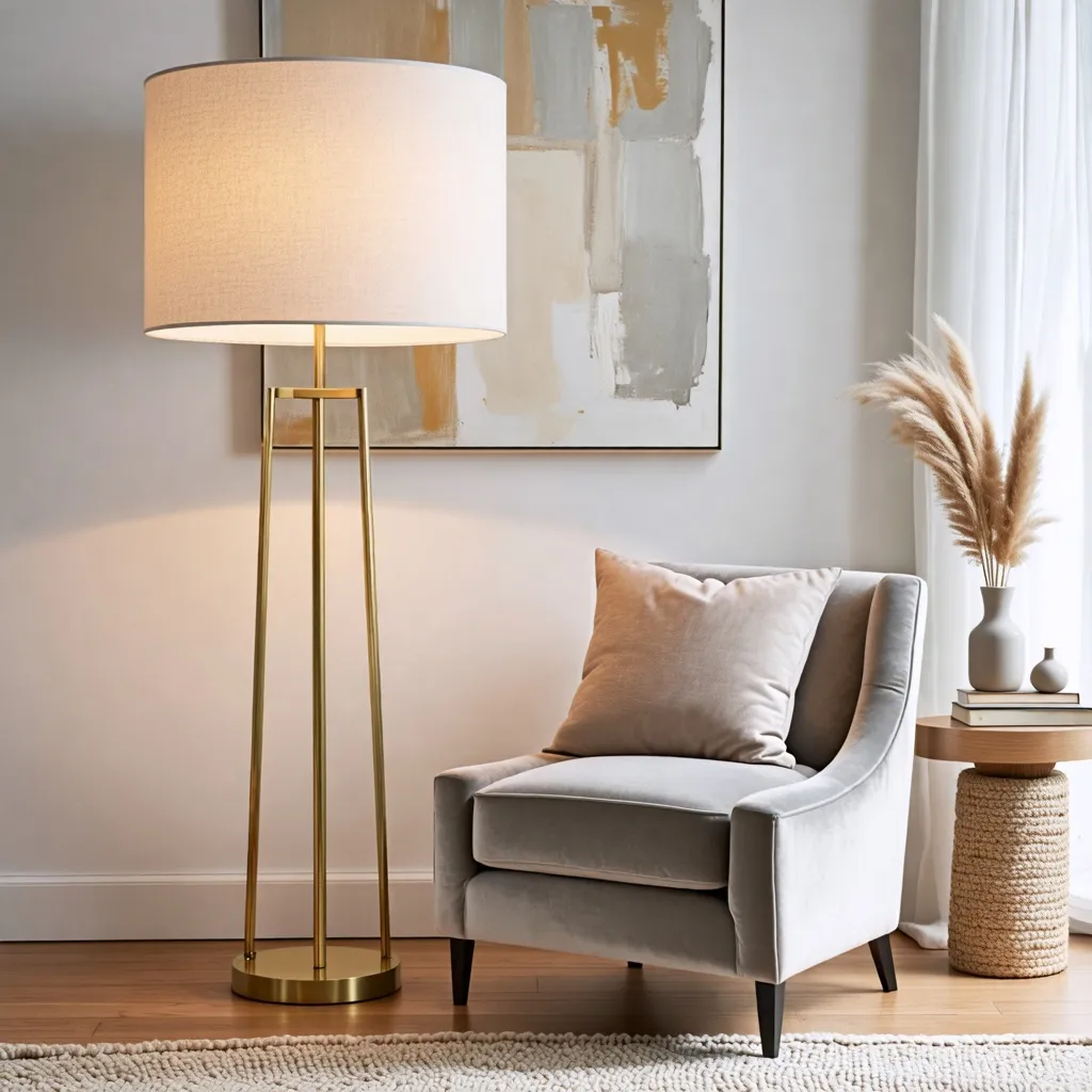 Elegante rincón con lámpara y sillón en estilo moderno.
