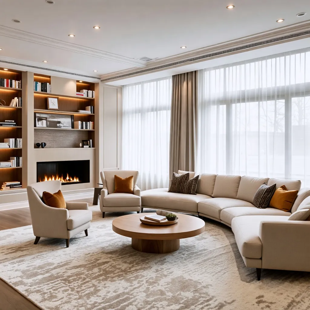 Elegante sala de estar con chimenea y amplios ventanales.