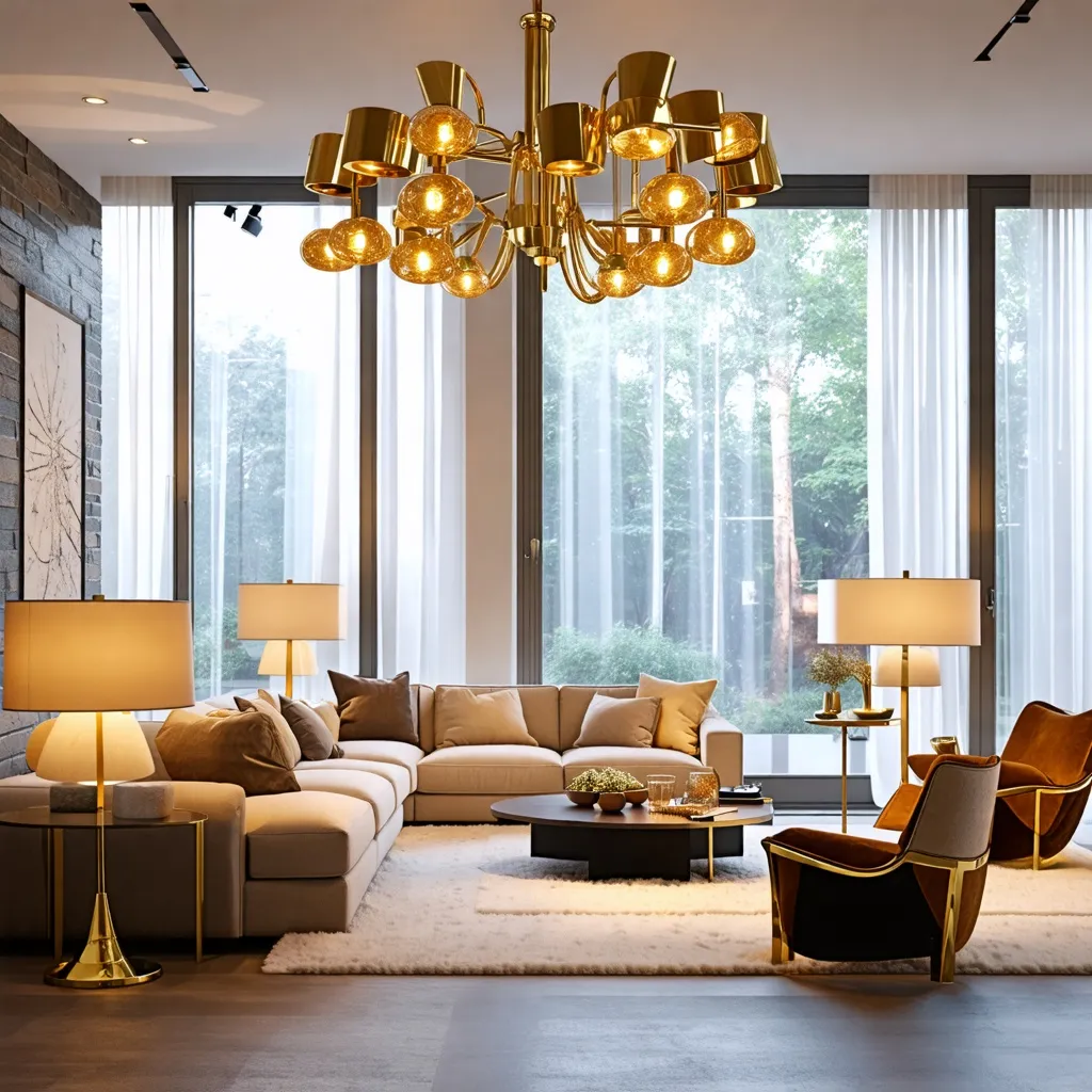Elegante sala de estar con lujoso candelabro dorado y vistas al bosque.