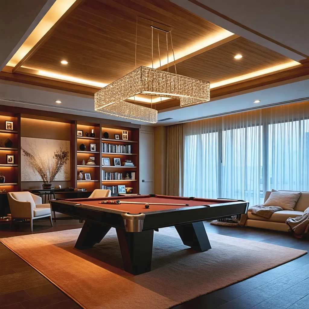 Elegante sala de estar con mesa de billar y decoración de lujo.