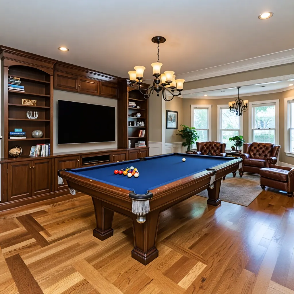 Elegante sala de juegos con mesa de billar y decoración clásica.